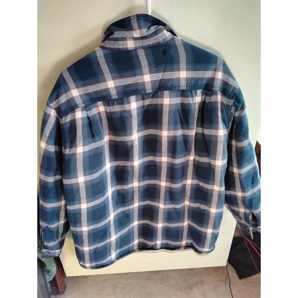 Vintage Wrangler Mens Sherpa Lined Flannel Shirt Jacket Navy Blue Plaid‎ Large